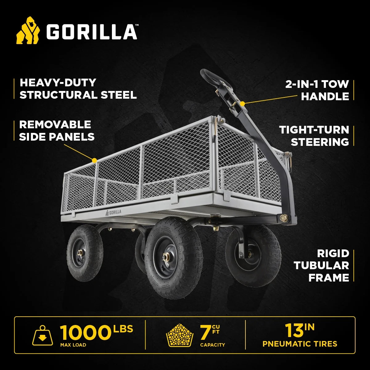 Gorilla Carts 1000-lb. Capacity Steel Utility Cart, Model #GOR1001-Com, 13-inch Pneumatic Tires