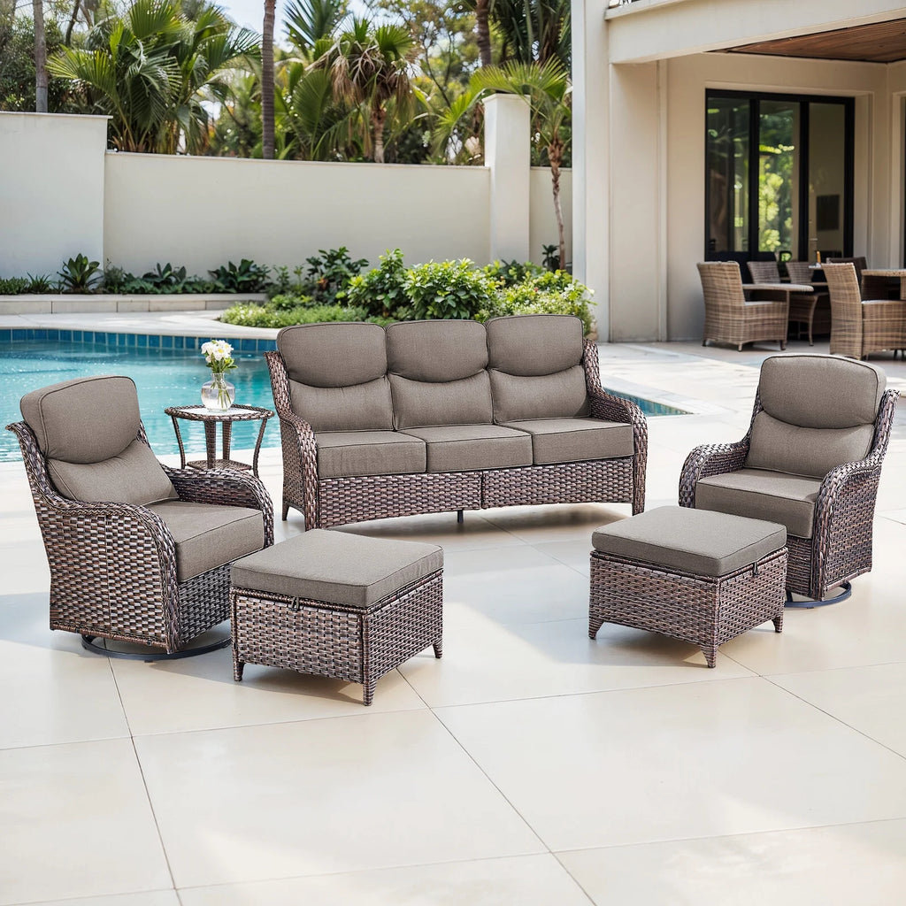 Bellefurn Luxury Outdoor Patio Furniture Set,Swivel Rocker Patio Chairs with 6-inch Thick Cushion,Patio Sofa and Glass Coffee Table,Outdoor Conversation Set for Porch, Deck, Yard