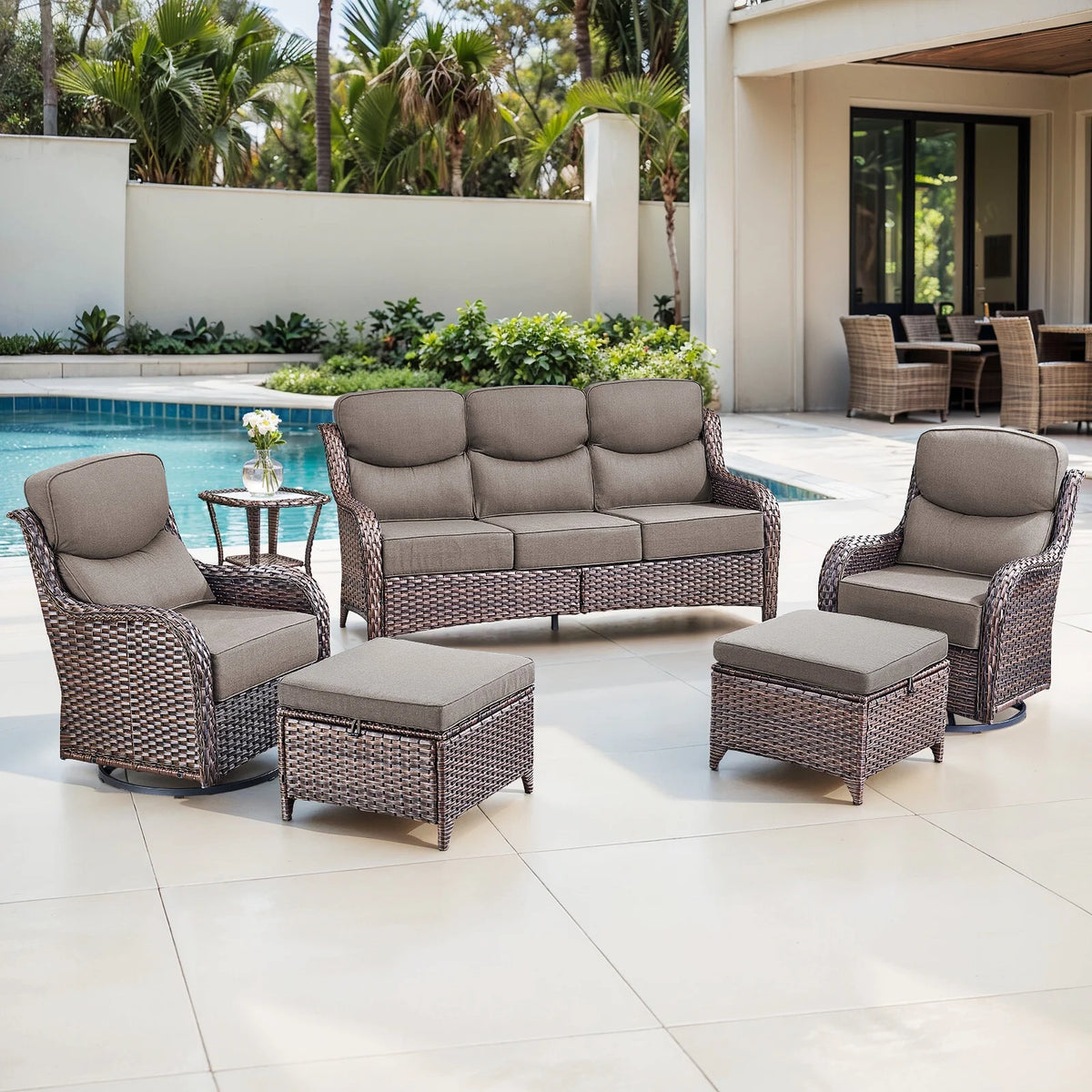 Bellefurn Luxury Outdoor Patio Furniture Set,Swivel Rocker Patio Chairs with 6-inch Thick Cushion,Patio Sofa and Glass Coffee Table,Outdoor Conversation Set for Porch, Deck, Yard