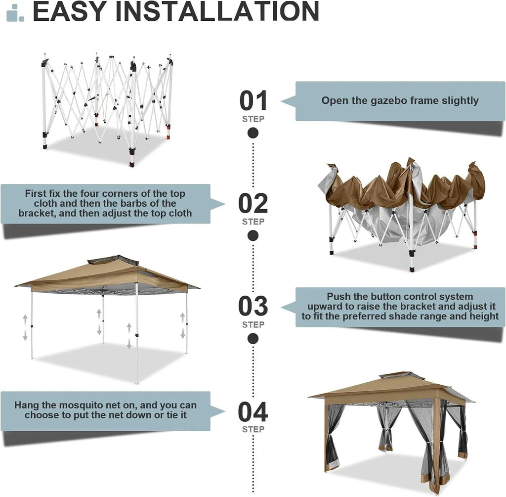 COBIZI 12x12 Outdoor Gazebo Pop Up Gazebo Canopy with Mosquito Netting Patio Tent Backyard Canopy with 2-Tiered Vented Top 3 Adjustable Height, Beige