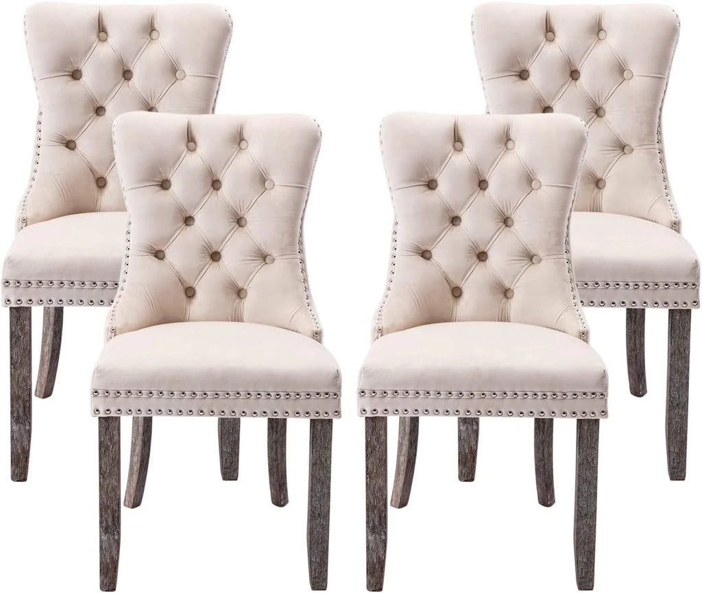 Tzicr Dining Chairs Set of 4, Velvet Upholstered Dining Chairs with Nailhead Back and Ring Pull Trim,Solid Wood Dining Chairs for Kitchen/Bedroom/Dining Room,Modern Fabric Dining Set,Beige