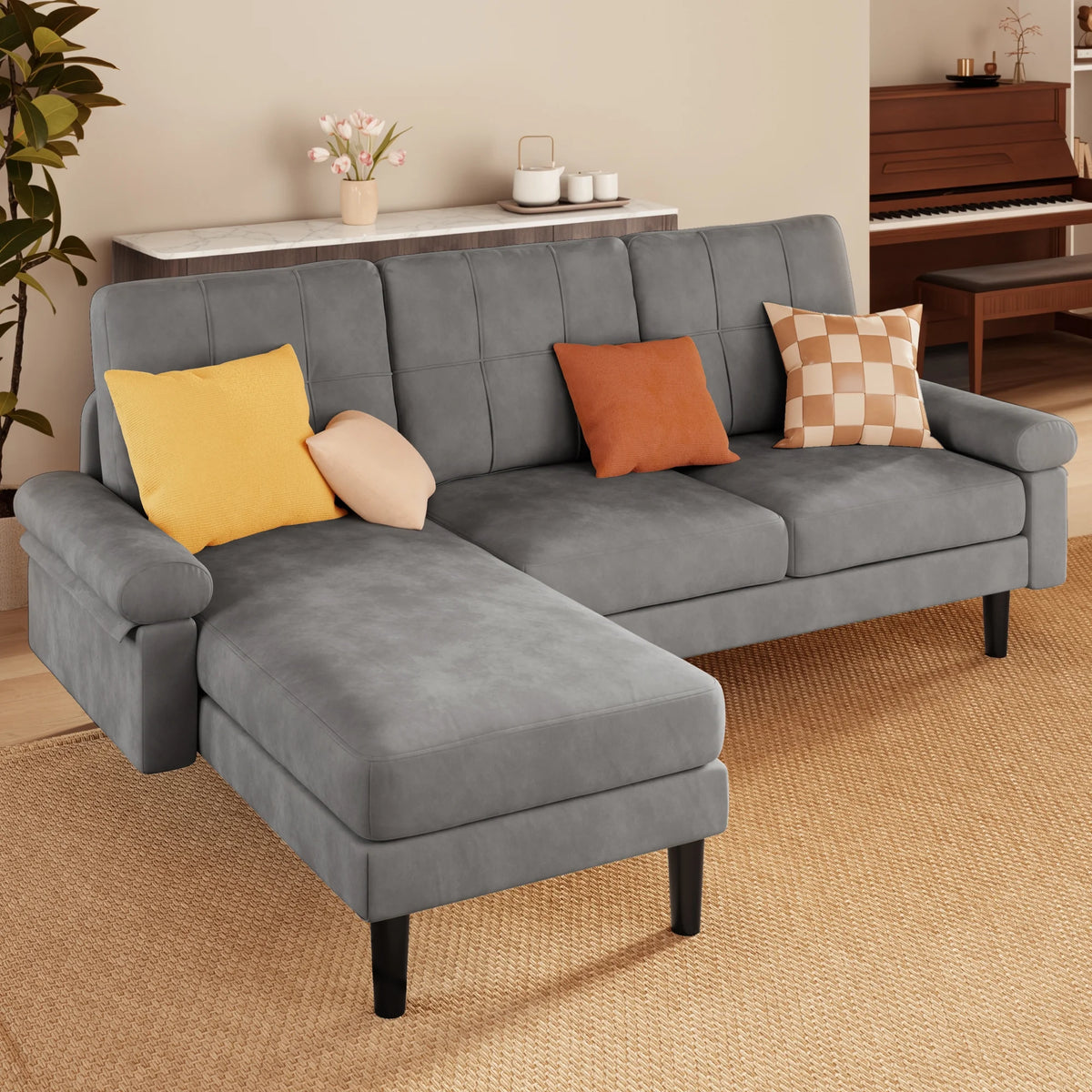 Lofka 82" L-Shaped Couches for Living Room, 3 Seat Convertible Sofa with Soft Velvet, Removable Pillows & Armrests, Thick 5.5" cushions, Dark Gray