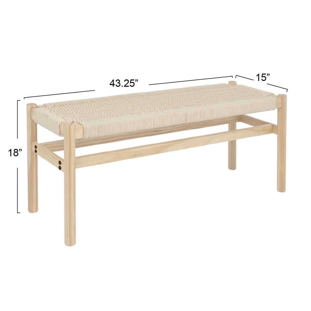Main + Mesa Fernway Solid Wood and Woven Rope Entryway Bench, Moss Green