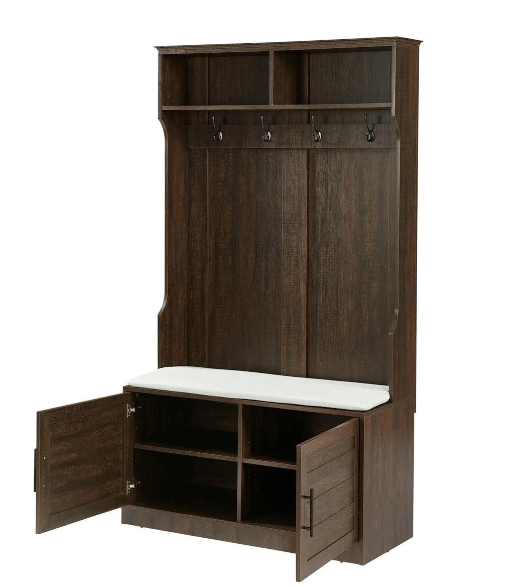 Entryway Hall Tree with Storage Bench, Wooden Coat Rack with Sponge Pad and 4 Dual Hooks, Storage Shelf Organizer with 2-Door Cabinet for Entryway, Bedroom, Easy to Assemble