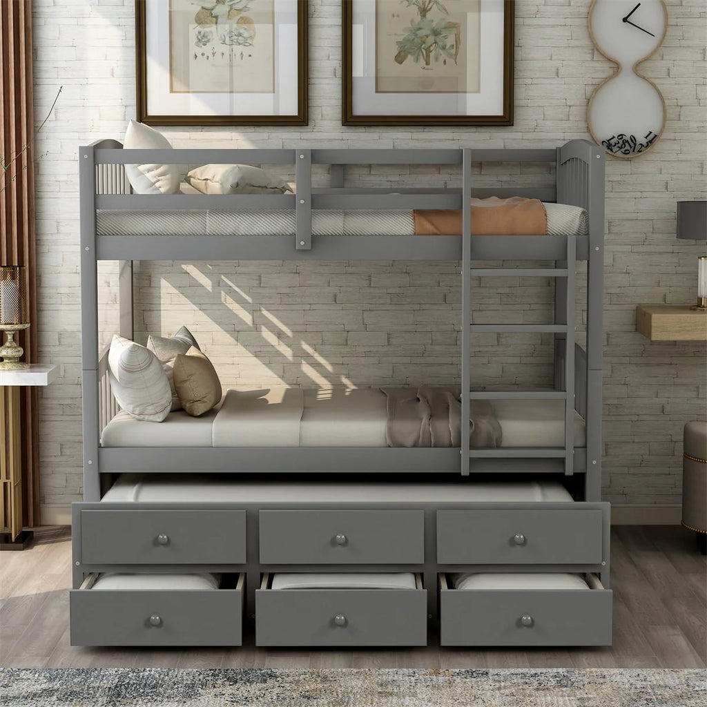 Twin-Over-Twin Bunk Bed with 3 Storage Drawers, Twin Bunk Bed Frame with Ladder & Safety Rail, Pinewood Trundle Bunk Bed for Teen Bedroom, Guest Room Furniture, Can be Convertible to 2 Beds, Gray