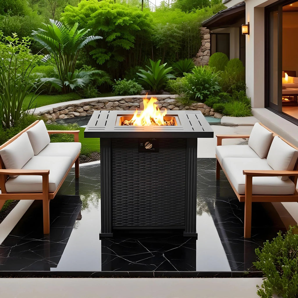 28" Fire Pit Table, Propane Fire Pit with Lid, Lava Rocks, 50000 BTU Outdoor Gas Fire Pit, Metal Square Propane Fire Pit for Outside Garden Backyard Deck Patio, Brown, LLL4008