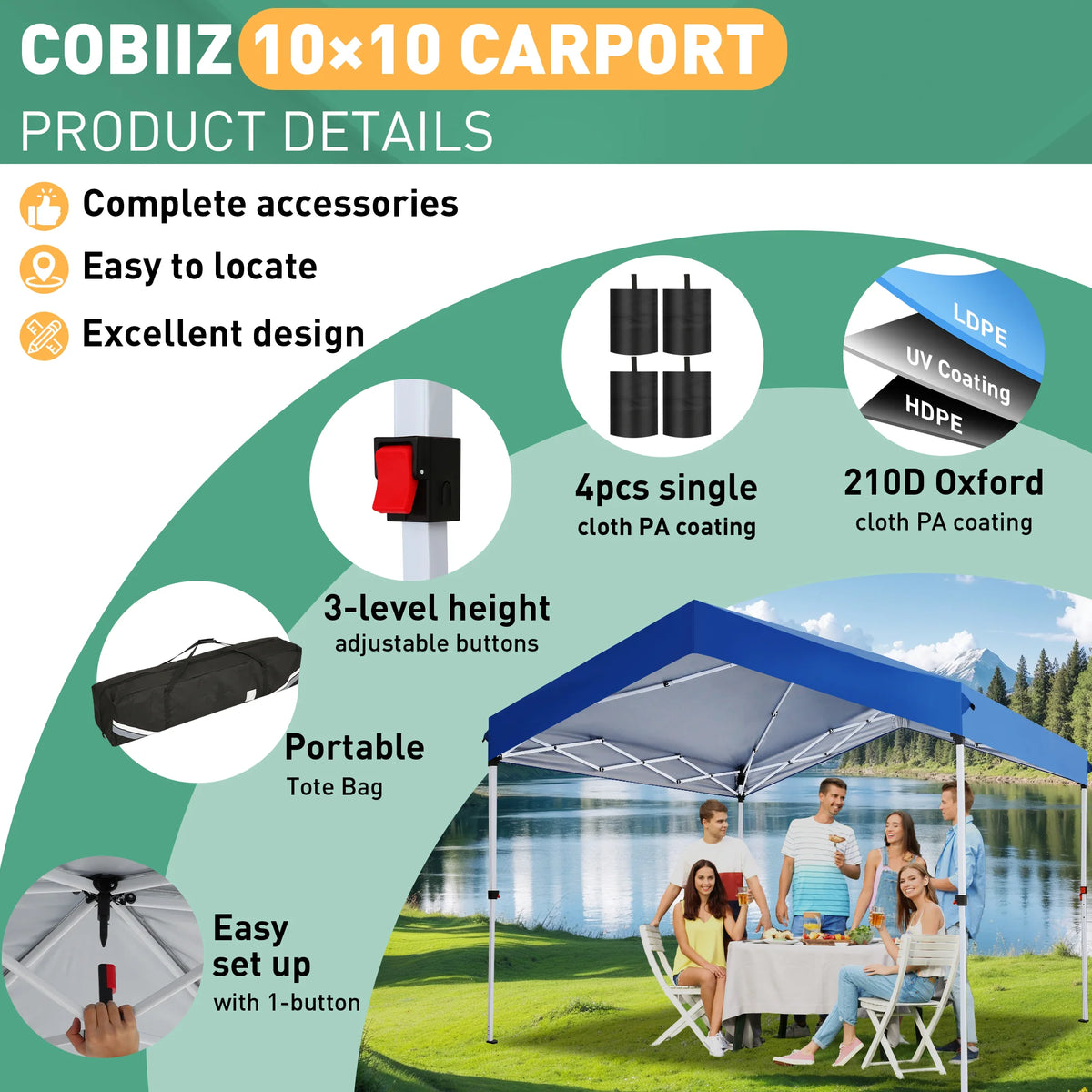 Hoteel Carport Canopy 10x20 Pop Up Shelter with Instant 1-Button Push Center Lock, UV Resistant All-Weather Cover with 2 Sidewalls, Heavy Duty Waterproof Canopy Tent for Cars, Trucks, Boats, White