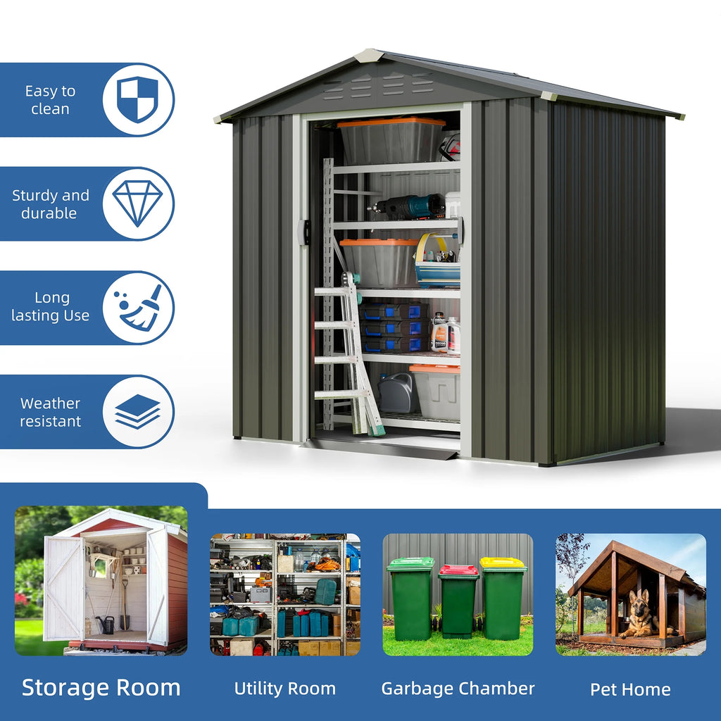 Walsunny 6X4 FT Outdoor Storage Shed,Waterproof Metal Garden Sheds with Lockable Double Door Weather Resistant Steel Tool Storage House Shed Grey