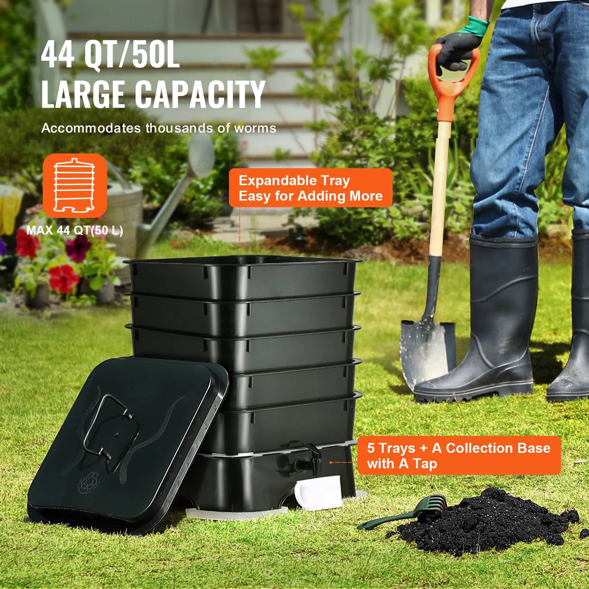 KFFKFF 5-Tier Worm Recycler, 50 L Indoor and Outdoor Worm Composting Container, Eco-Friendly Worm Cultivation Set, for Repurposing Kitchen Scraps, Worm Excreta, Worm Liquid