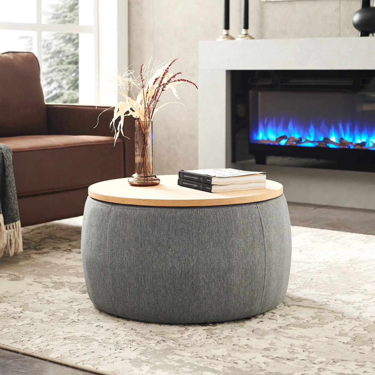 BTMWAYRound Coffee Table, 2 in 1 Round Storage Ottoman with Reversible Lid Tray, Upholstered Round Storage Ottoman Coffee Table with Storage, Footstool End Table for Living Room, Bedroom, Light Gray