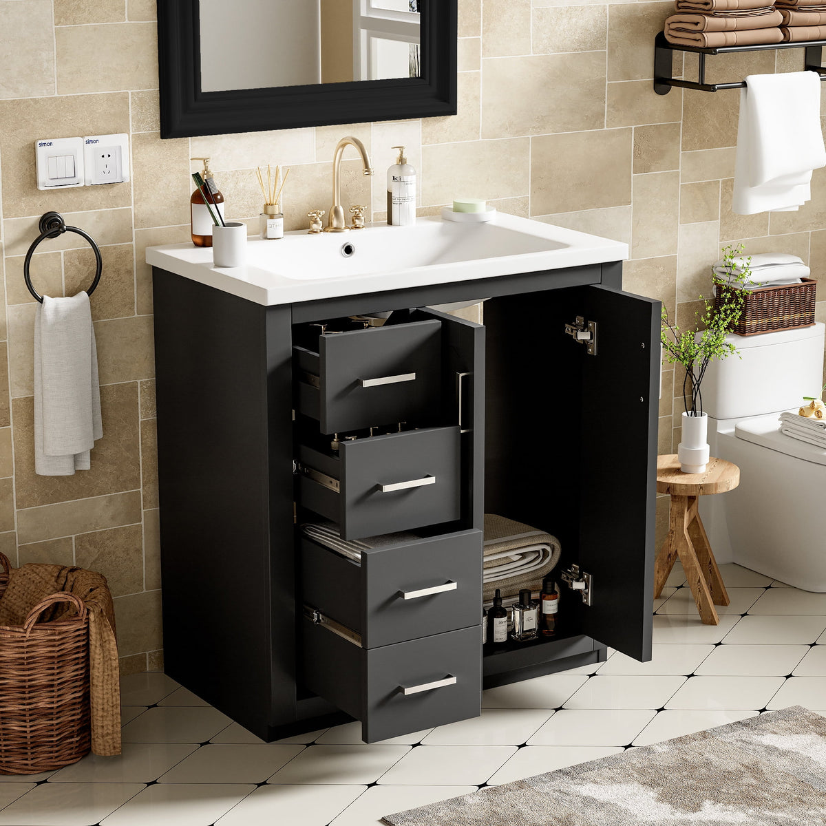 ENSHUI 30-Inch Bathroom Vanity with Ceramic Sink Combo, Solid Wood Frame, 4 Drawers, Soft Closing Doors, Green