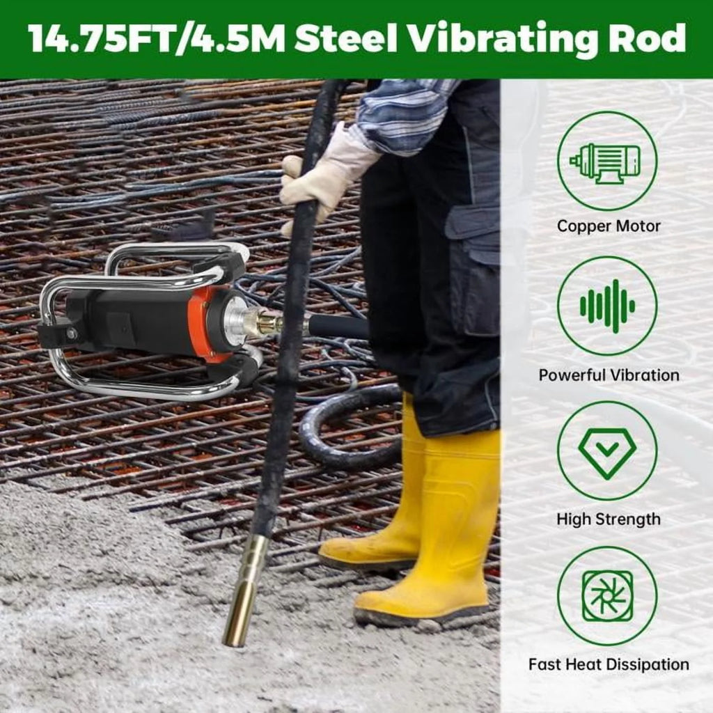 Professional Vibrating Concrete Poker, Stainless Steel & Copper Build, 14.75ft Shaft, for Contractors, Large-Scale Pouring