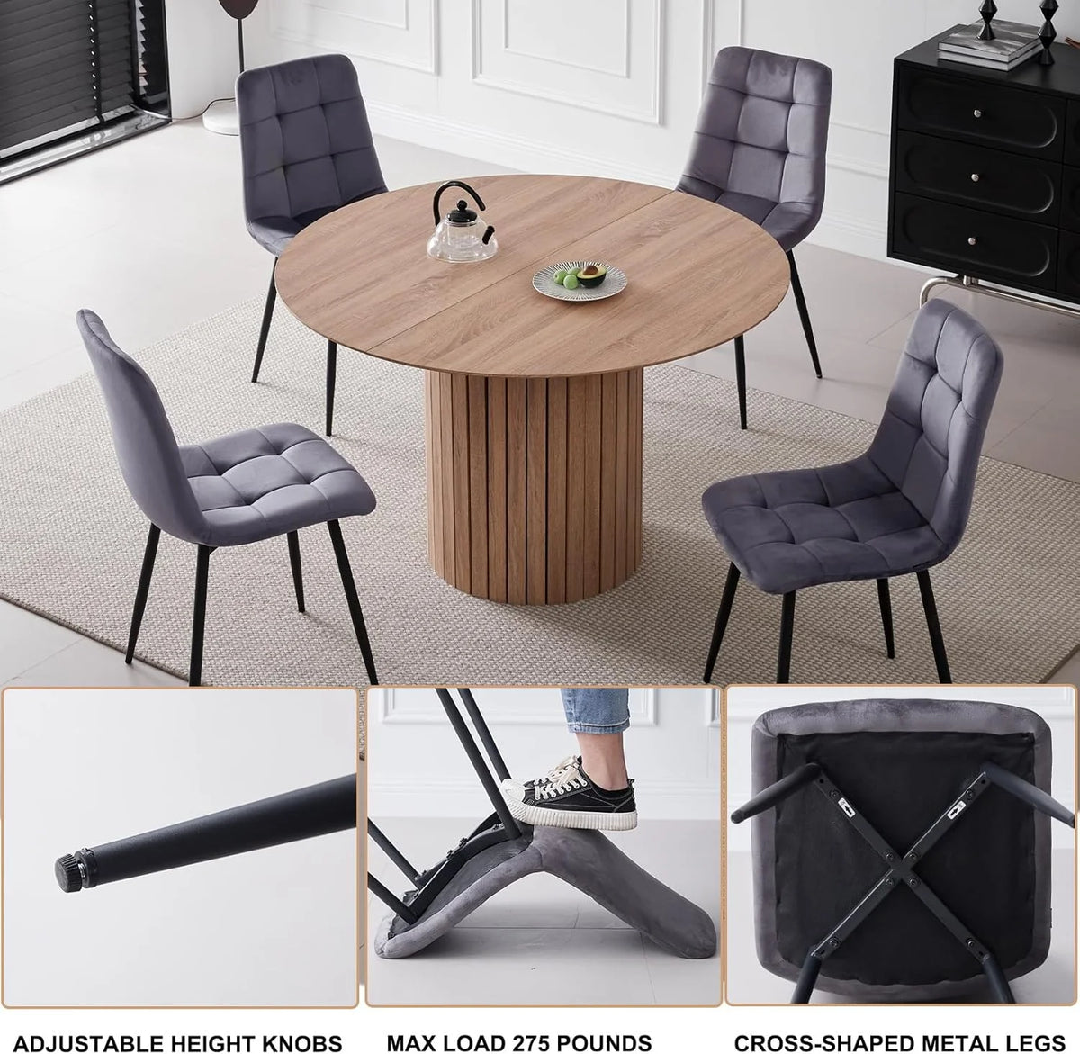 5 Piece Round Dining Table Set - Mid-Century 47 inch Oak Dining Table with 4 Brown Faux Leather Chairs Set, Dinner Table & Chair with Metal Legs for Kitchen Dining Room, Apartment, Bedroom