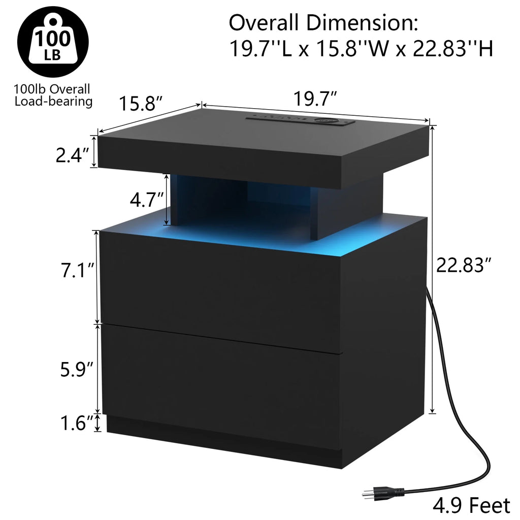Hommpa LED Nightstand with Wireless Charging Station Modern Nightstand Type C USB Port 2 Drawers Bedside Table Black Smart Night Table High Gloss End Side Table for Bedroom Furniture 22.3" Tall