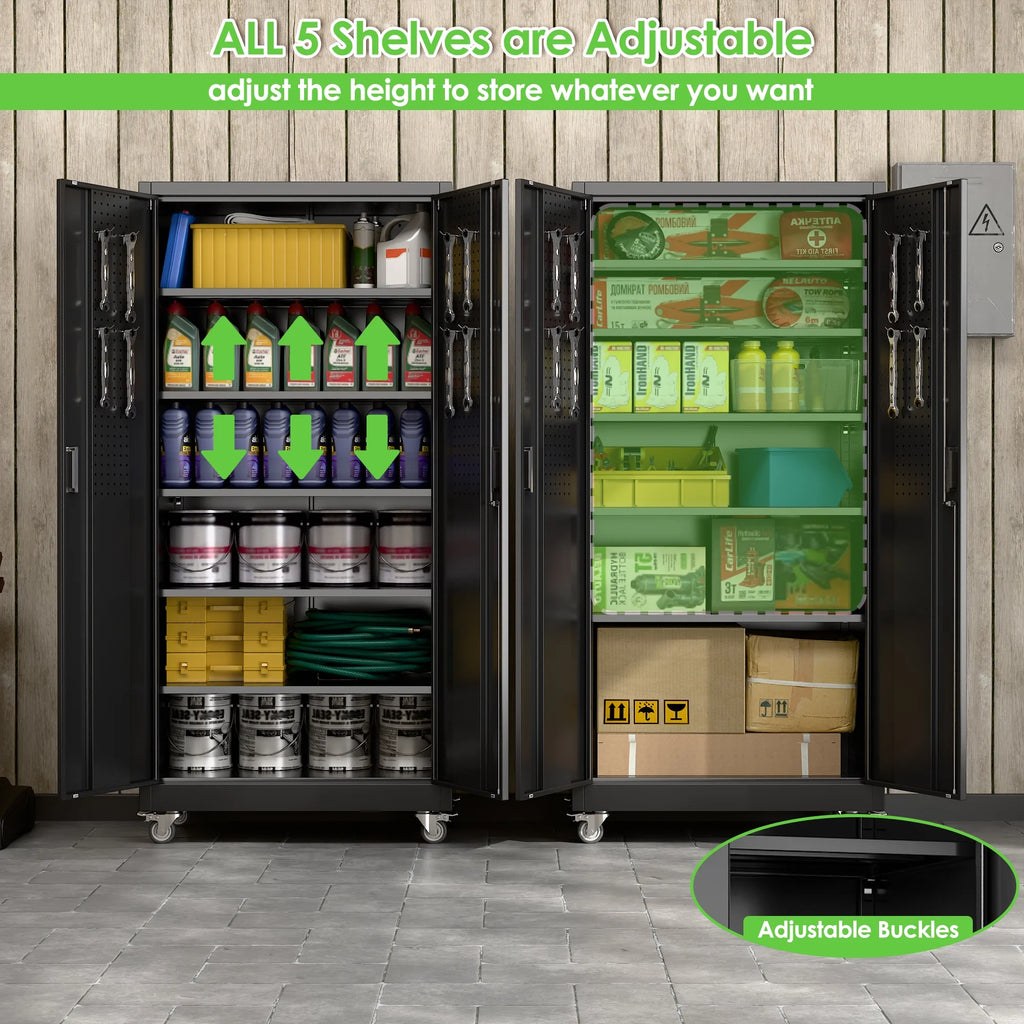 GANGMEI 72 Inches Tall Metal Garage Storage Cabinets with 5 Adjustable Shelves, Lockable Steel Black Storage Cabinet with Doors for Office, Home, School, Shops, Garage, Assembly required