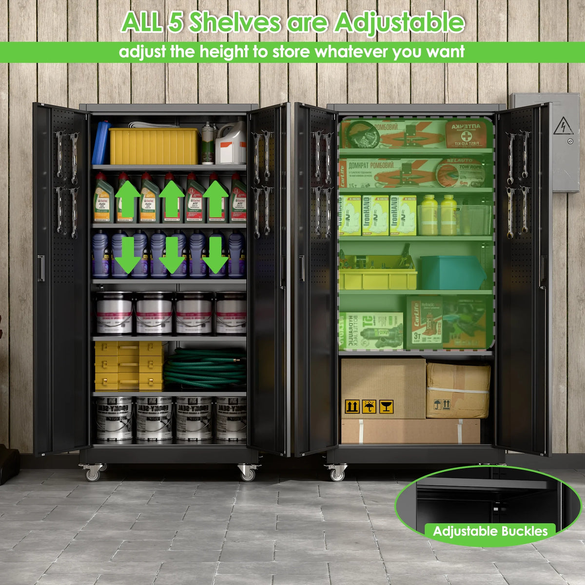 GANGMEI 72 Inches Tall Metal Garage Storage Cabinets with 5 Adjustable Shelves, Lockable Steel Black Storage Cabinet with Doors for Office, Home, School, Shops, Garage, Assembly required