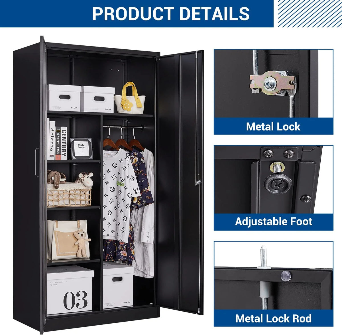 STANI Metal Locker Storage Cabinet, Employees Locker with Hanging Rod Bar, 71a?? Black Tall Steel Wardrobe for Home, School, Office (Assembly Required)
