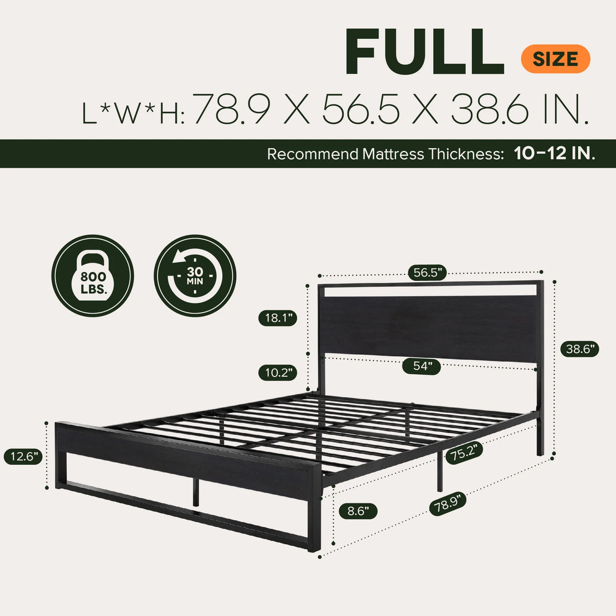 Einfach Full Size Bed Frame with Modern Wooden Headboard,Black,No Box Spring Needed