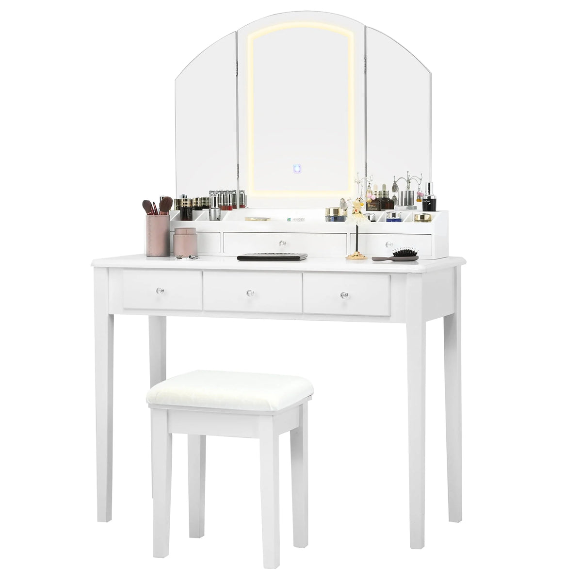 Costway Vanity Table Stool Set Large Tri-folding Lighted Mirror 6 Drawer Dresser White