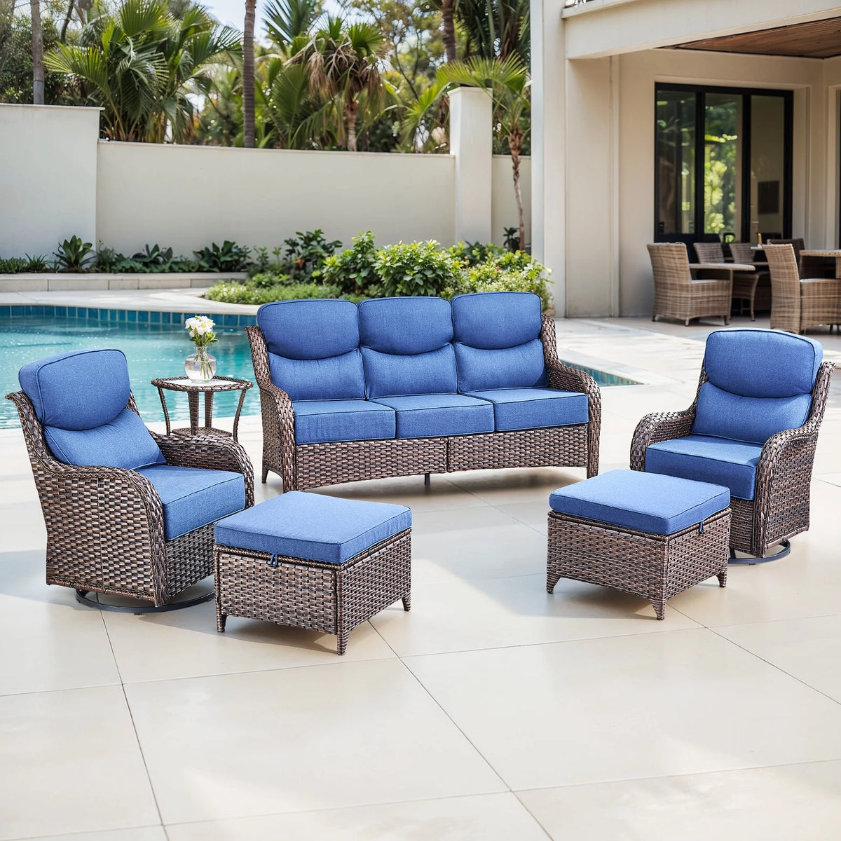 Bellefurn Luxury Outdoor Patio Furniture Set,Swivel Rocker Patio Chairs with 6-inch Thick Cushion,Patio Sofa and Glass Coffee Table,Outdoor Conversation Set for Porch, Deck, Yard