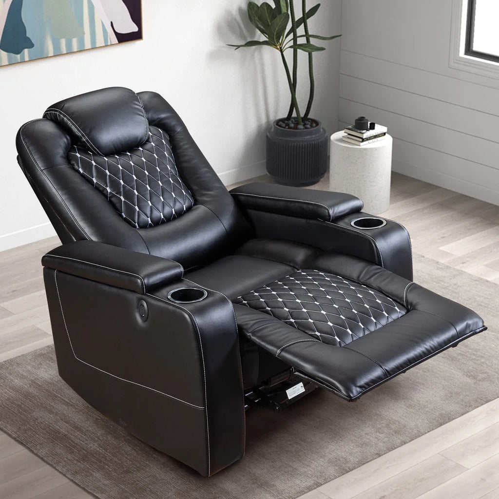 Bonzy Home Overstuffed Electric Home Theater Seating PU Leather Reclining Furniture with with USB Ports and Cup Holders and Hidden Arm Storage - Black