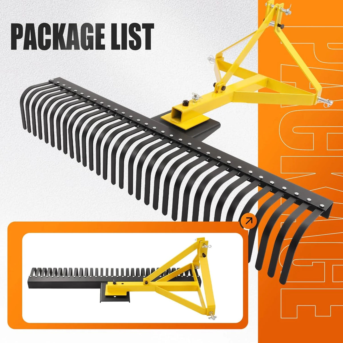 KOJEM 60In Landscape Rake 3 Point Rake 360 Degree Rotation Compatible with Category 1 Cat1 Compact Tractors Tow-Behind Garden Tool for Garden Farm Clearing Brush Raking Arenas 2 Package Yellow
