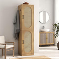 66-Inch Bathroom Storage Cabinet with Rattan Doors,  Bath Room Organizer Floor Cabinets Brown