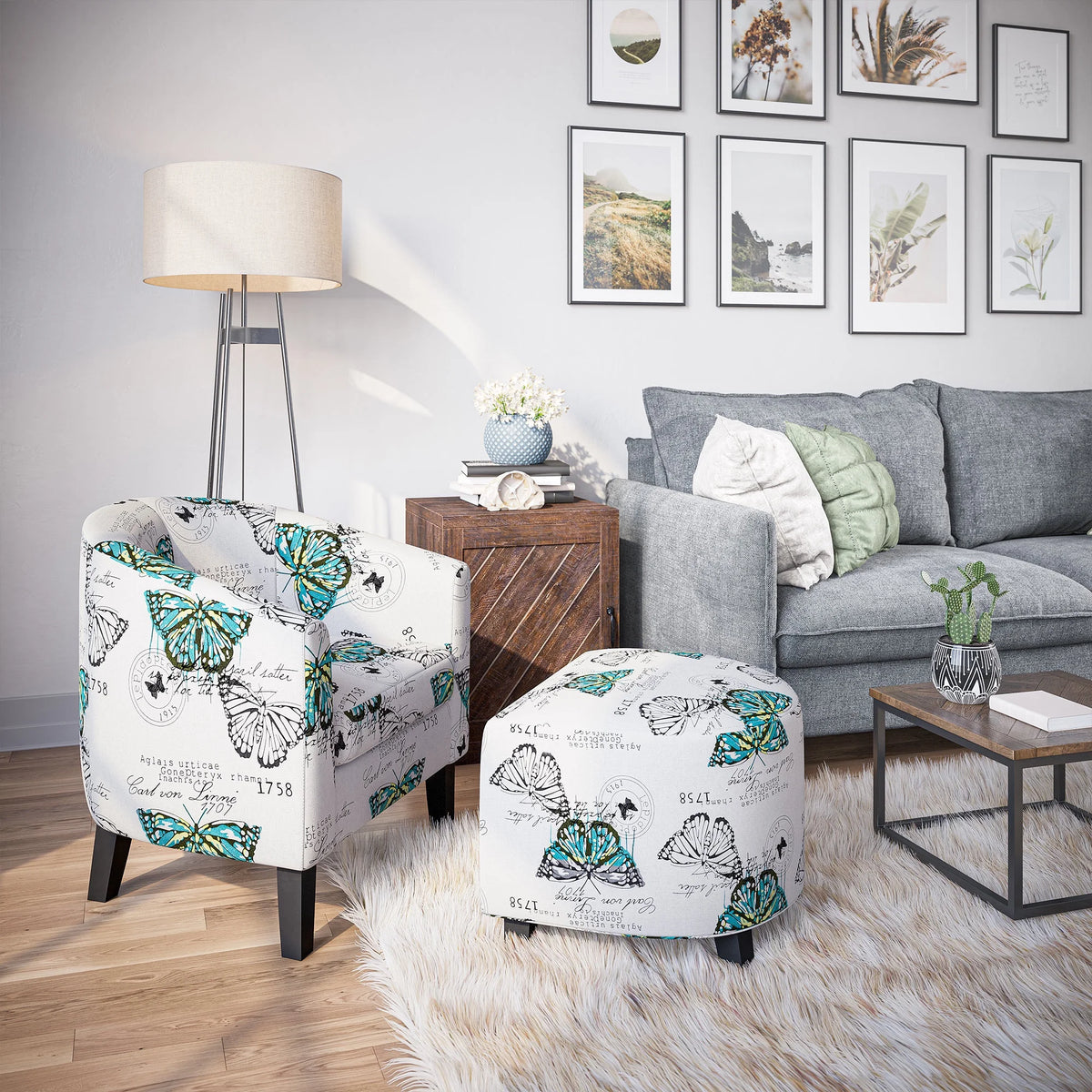 BELLEZE Accent Club Chair with Ottoman - Lydia (Butterfly White)