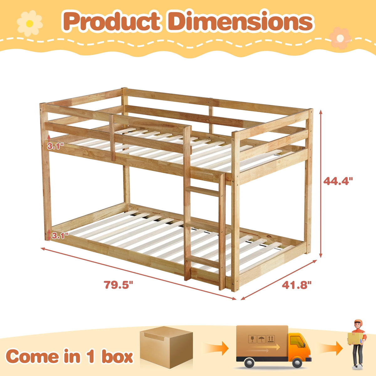 SESSLIFE Bunk Bed Twin Over Twin, Low Floor Bunk Bed with Guard Rails for Dorm, Small Space, No Box Spring Needed(White)