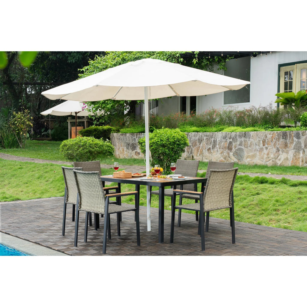 Seizeen 7-Piece Outdoor Table and Chairs, Patio Table Set with 6 Rattan Chairs, All-weather Outdoor Patio Dining Sets Rectangular Metal Table with Acacia Wood Top, Umbrella Hole, Gray