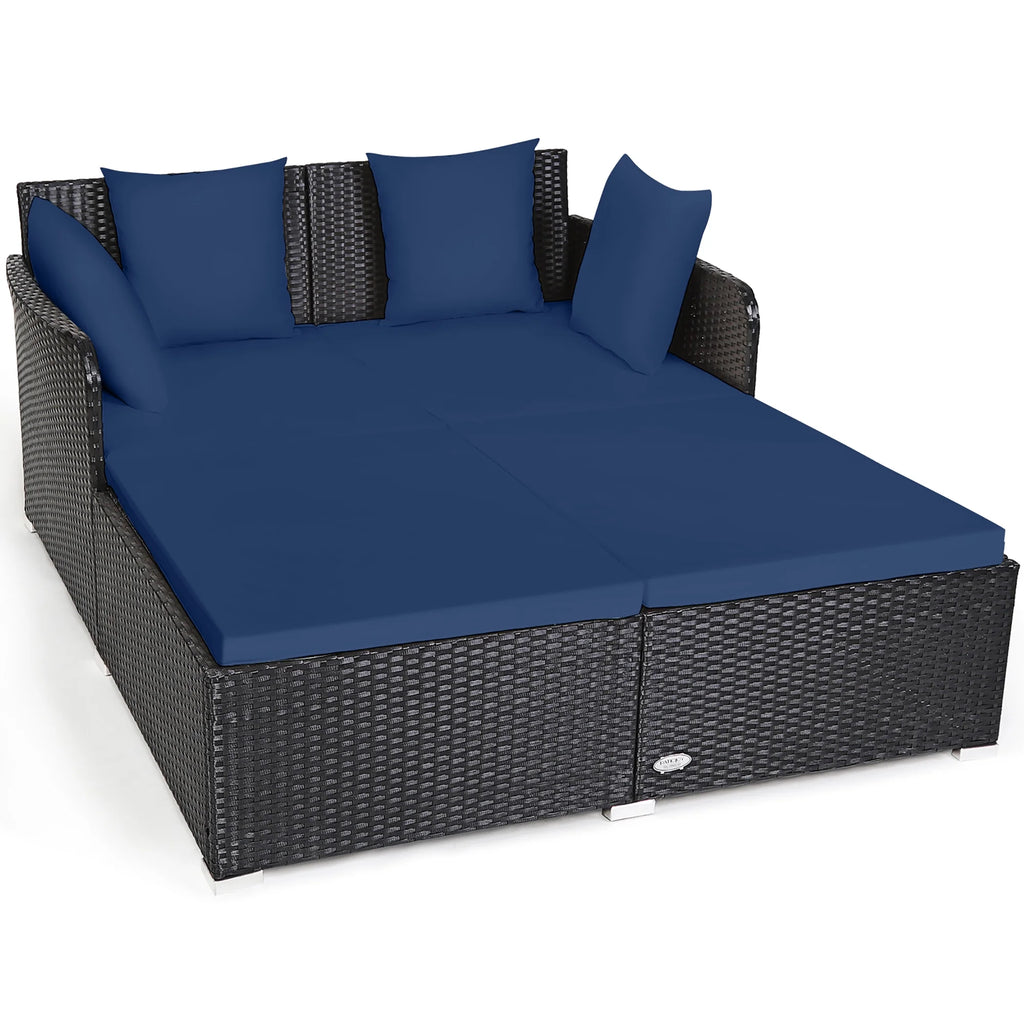 Costway Outdoor Patio Rattan Daybed Pillows Cushioned Sofa Furniture Beige