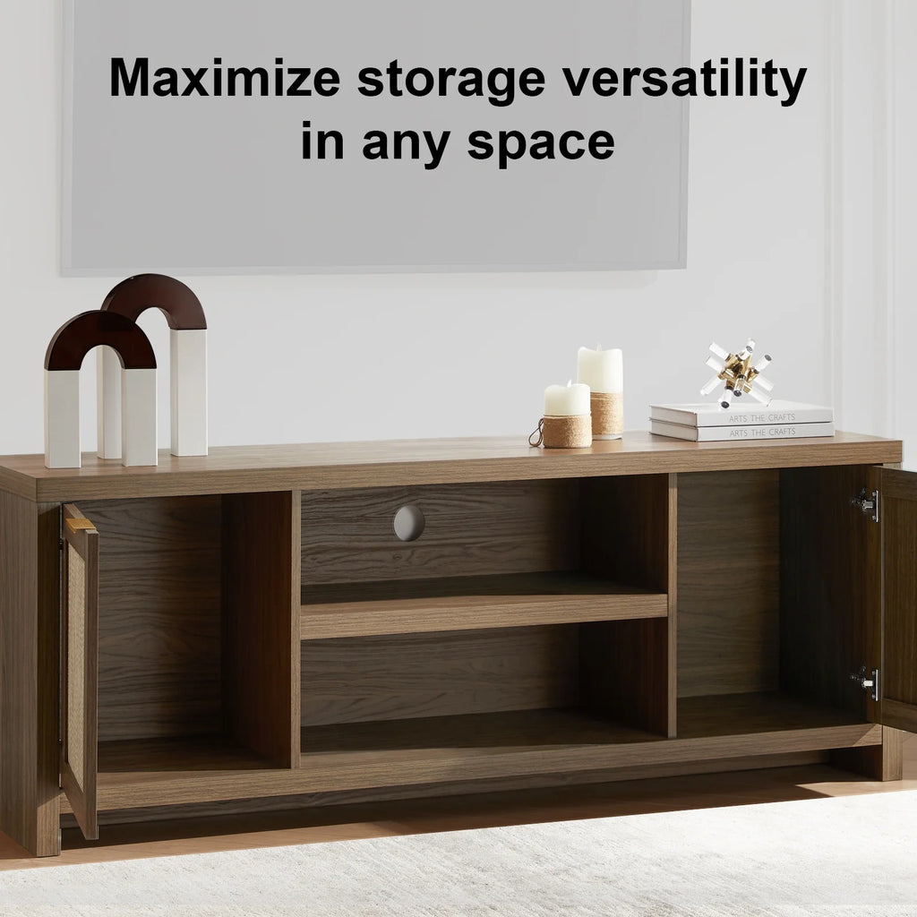 OAKHAM Rattan Tv Stands for 65 Inch Tv, Modern Farmhouse Entertainment Center, TV Console Table with Storage, Wood Media Console with Cabinet, Special Walnut