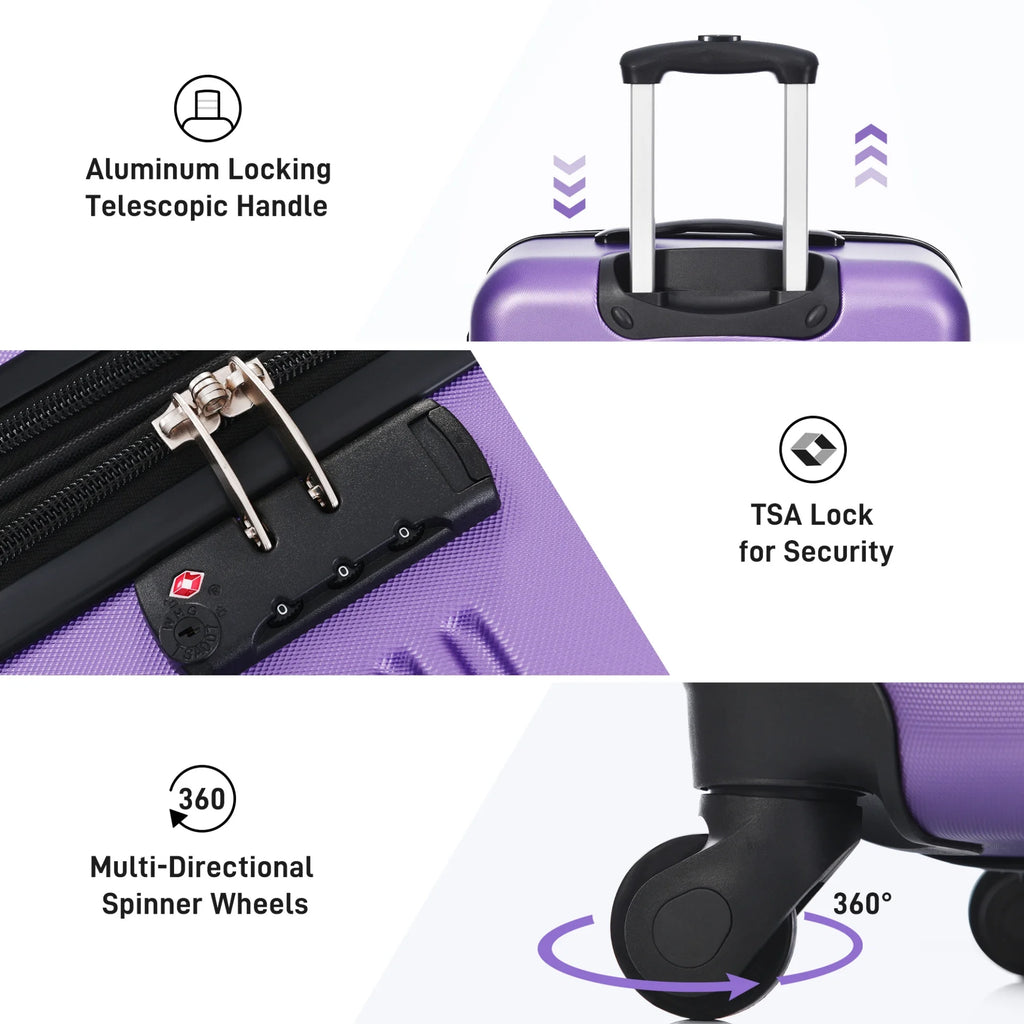 3 Piece ABS Luggage Set, Luggage with Spinner Wheel & TSA  20/24/28 inch, Purple