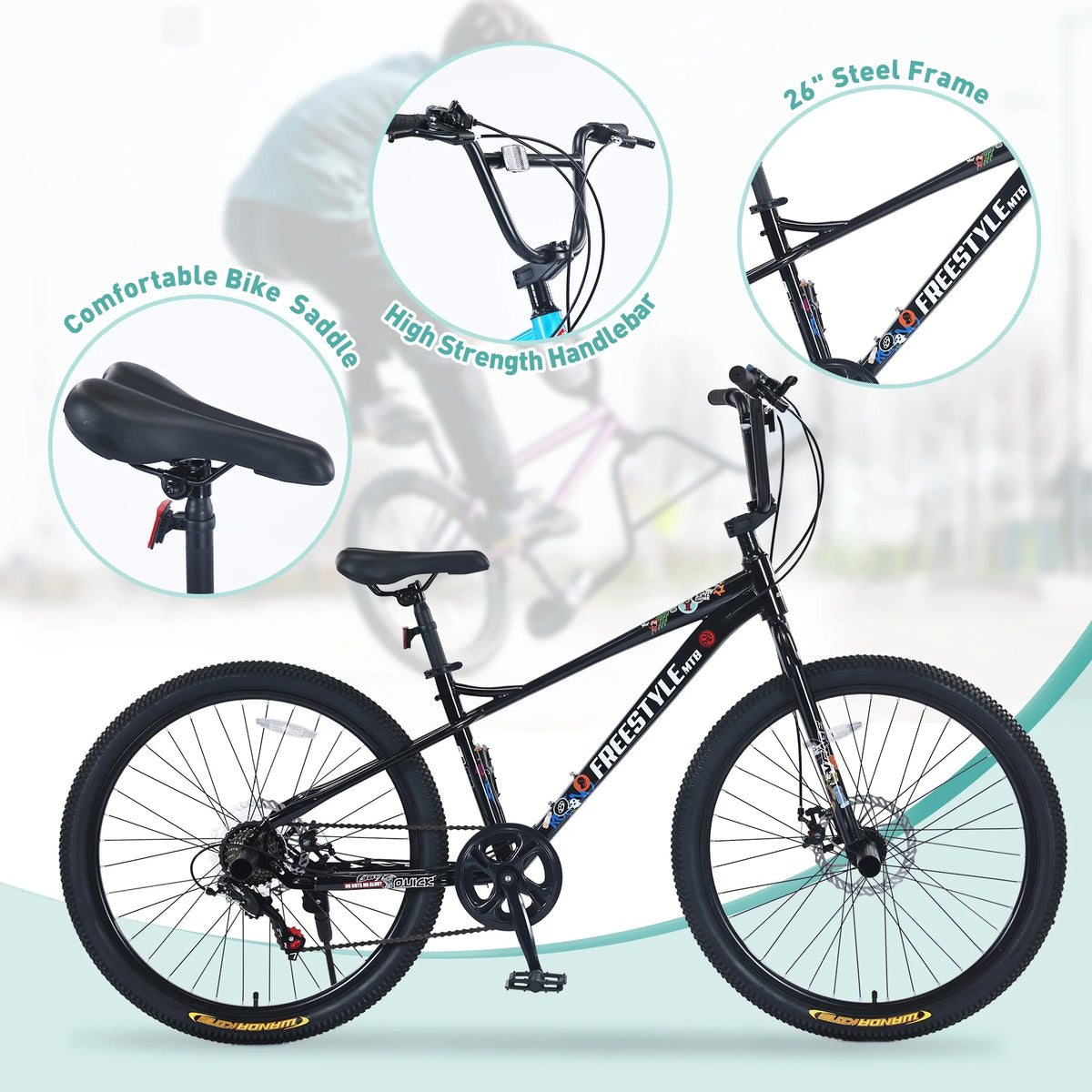Aukfa 26" Freestyle BMX Bikes,Kids Mountain Bike for Boys Girls,Shimano 7 Speed,Double Disc Brakes,Blue