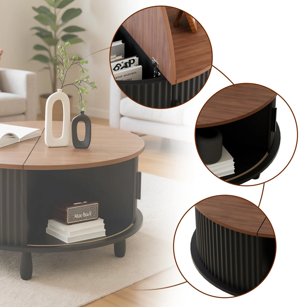 RUMLIVE Round Coffee Table with Storage, 30.7" Modern Coffee Table with 360�� Curved Sliding Door, Fluted Wood Coffee Table with Footpads, Round Center Table for Living Room, Black