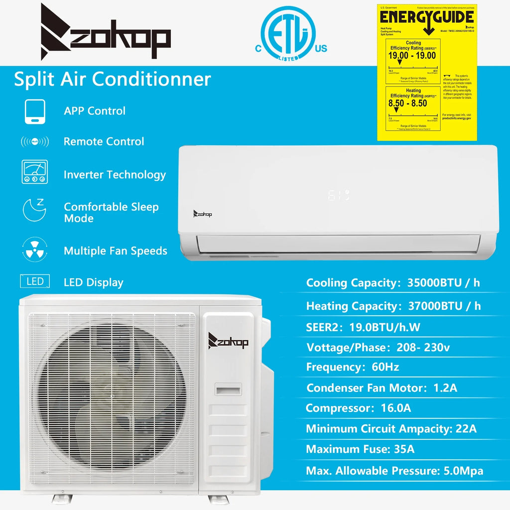 Ktaxon 2 Zone 9000 + 9000 BTU WIFI Mini Split AC/Heating System, 19 SEER2 Dual Zone 18000 BTU Ductless Split Air Conditioner with Pre-Charged Condenser, Heat Pump & 25Ft Installation Kit, 208-230V