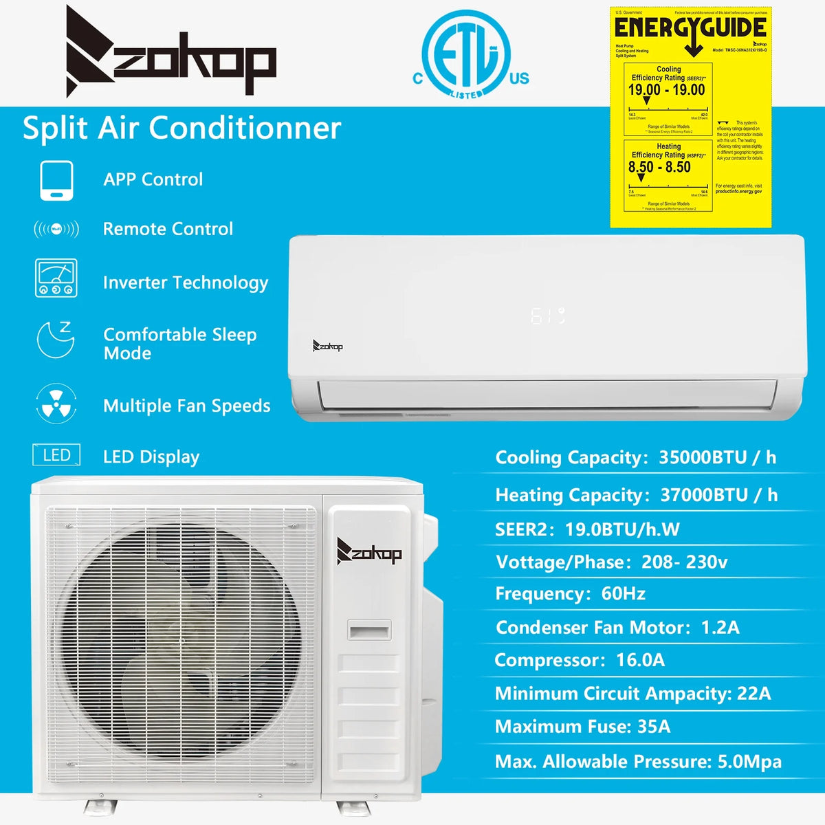 Ktaxon 2 Zone 9000 + 9000 BTU WIFI Mini Split AC/Heating System, 19 SEER2 Dual Zone 18000 BTU Ductless Split Air Conditioner with Pre-Charged Condenser, Heat Pump & 25Ft Installation Kit, 208-230V