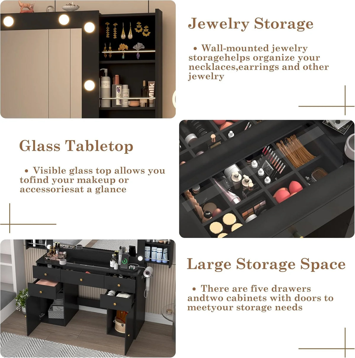 White Vanity Desk with Large Lighted Mirror & Power Outlet, Makeup Vanity Table with Glass Top & Drawers, Sliding Storage, 44.1" Large Makeup Vanity Table for Women Girls, White