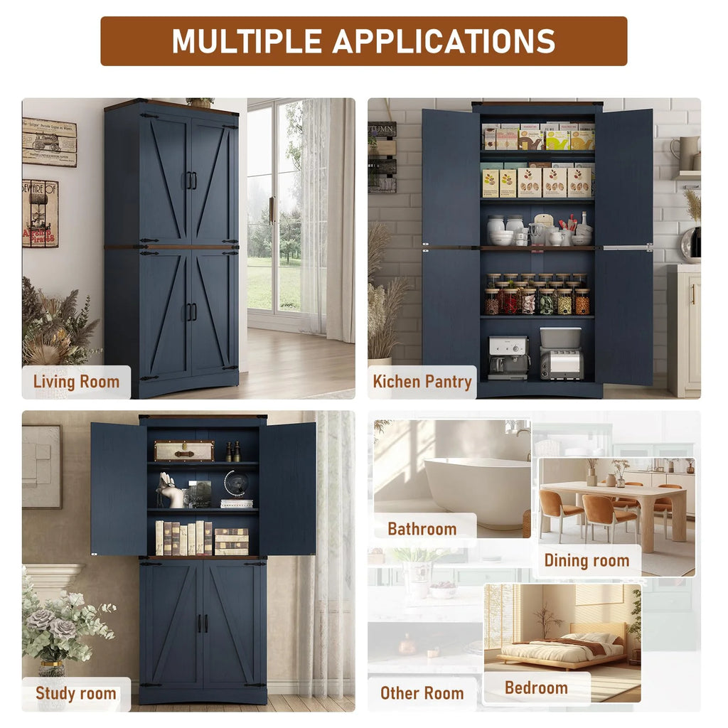 71" Tall Farmhouse Kitchen Pantry Cabinet, 5 Layers Storage Cabinet with Adjustable Shelves, Farmhouse Pantry Cabinet with 4 Barn Doors for Kitchen, Dining Room, Bathroom, Living Room, Rustic White
