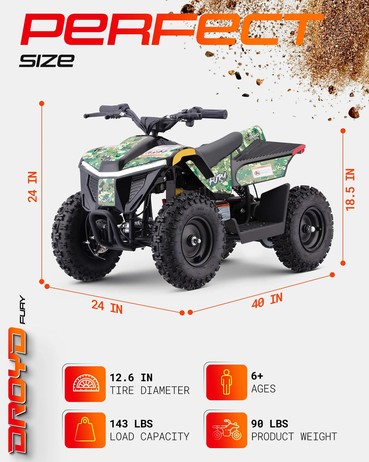 Droyd Fury Electric Youth ATV, 36V 500W Brushless Motor, Dual Suspension, Max Speed 15 mph, Offroad