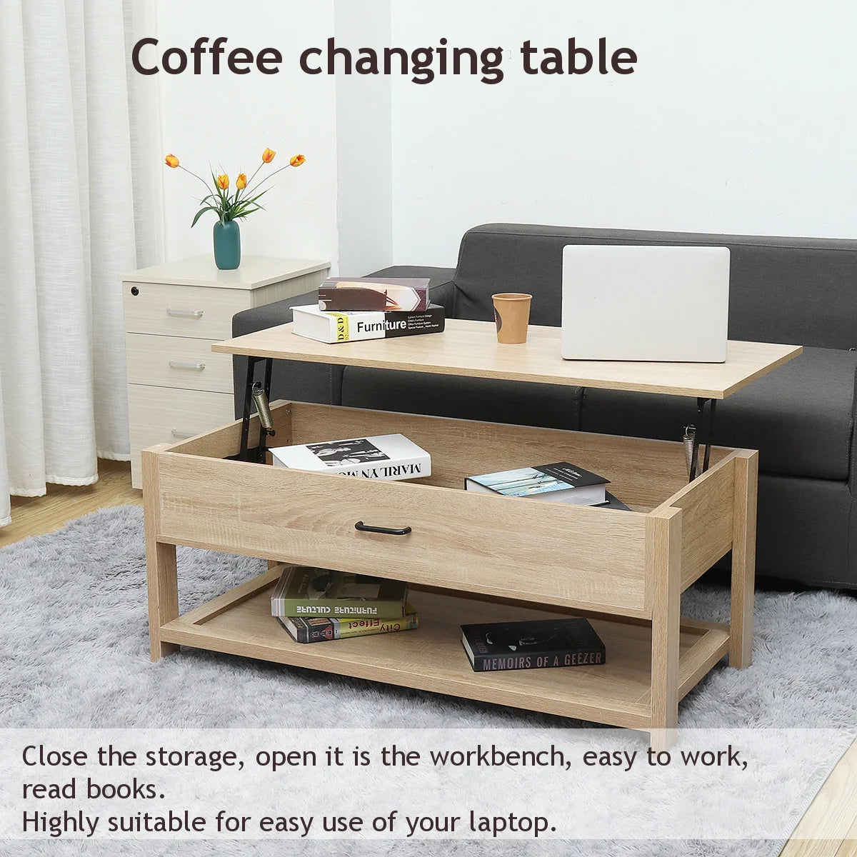 Hommpa LED Coffee Table Modern Side Tables High Gloss Black Cocktail Table with 2 Drawers Open Shelf for Living Room