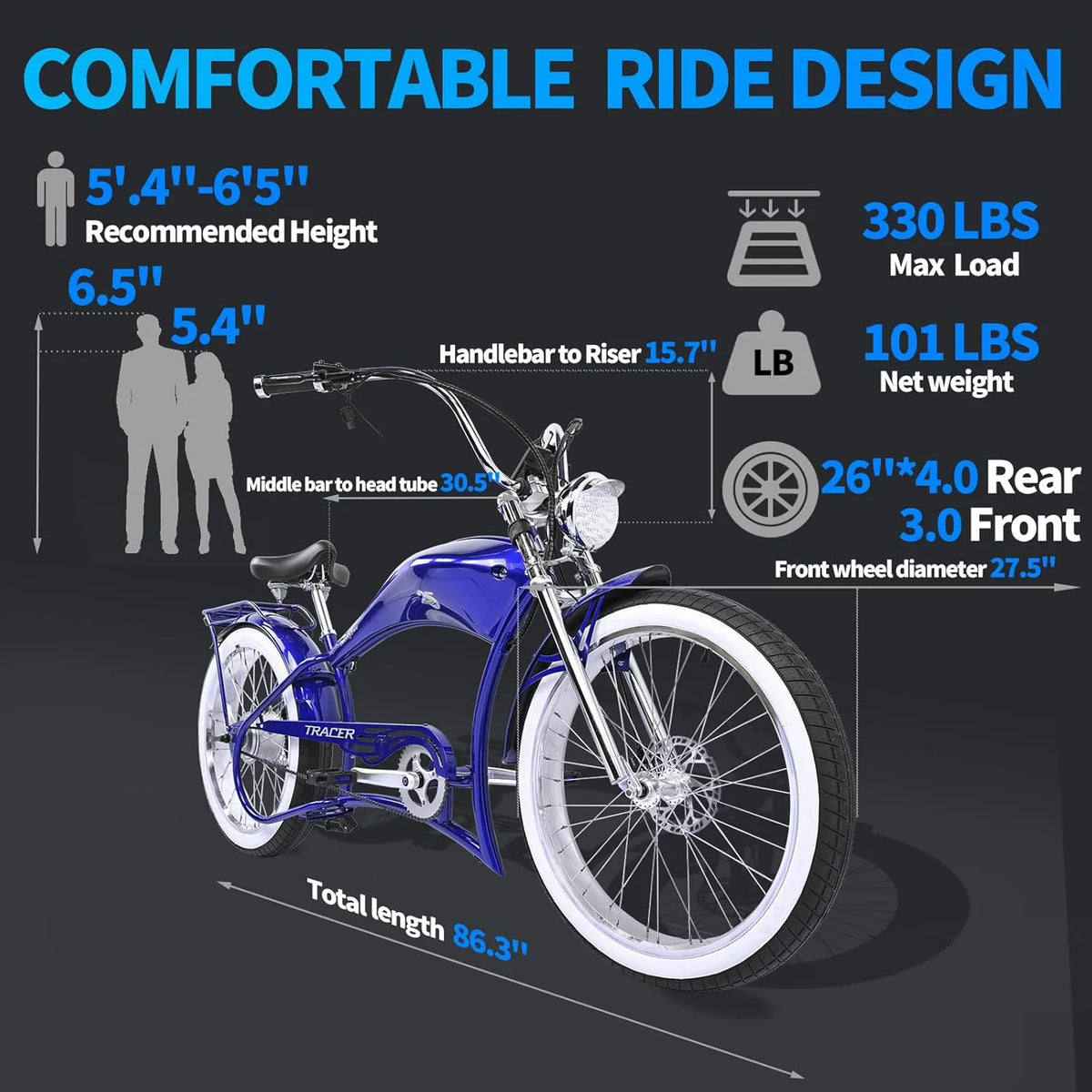 Twenty5 GT 800W Chopper Stretch Cruiser Ebike, 26" Wheels, Supsension Triple Tree Fork, White Wall Tire, Disc Brake, for Men, Blue