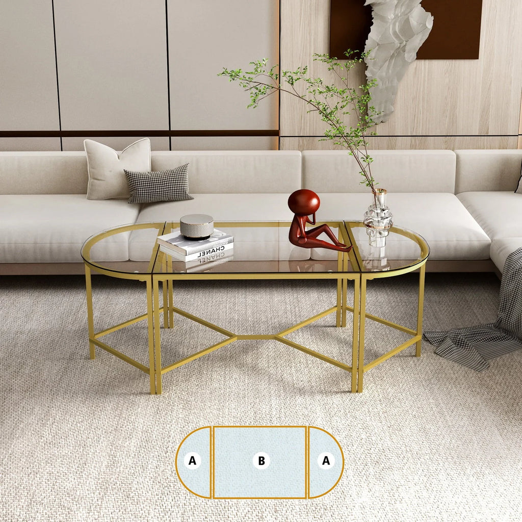 Homy Casa Glass Gold Coffee Table 2-Piece Table Set, Round Glass Nesting Table with Gold Frame for Living Room