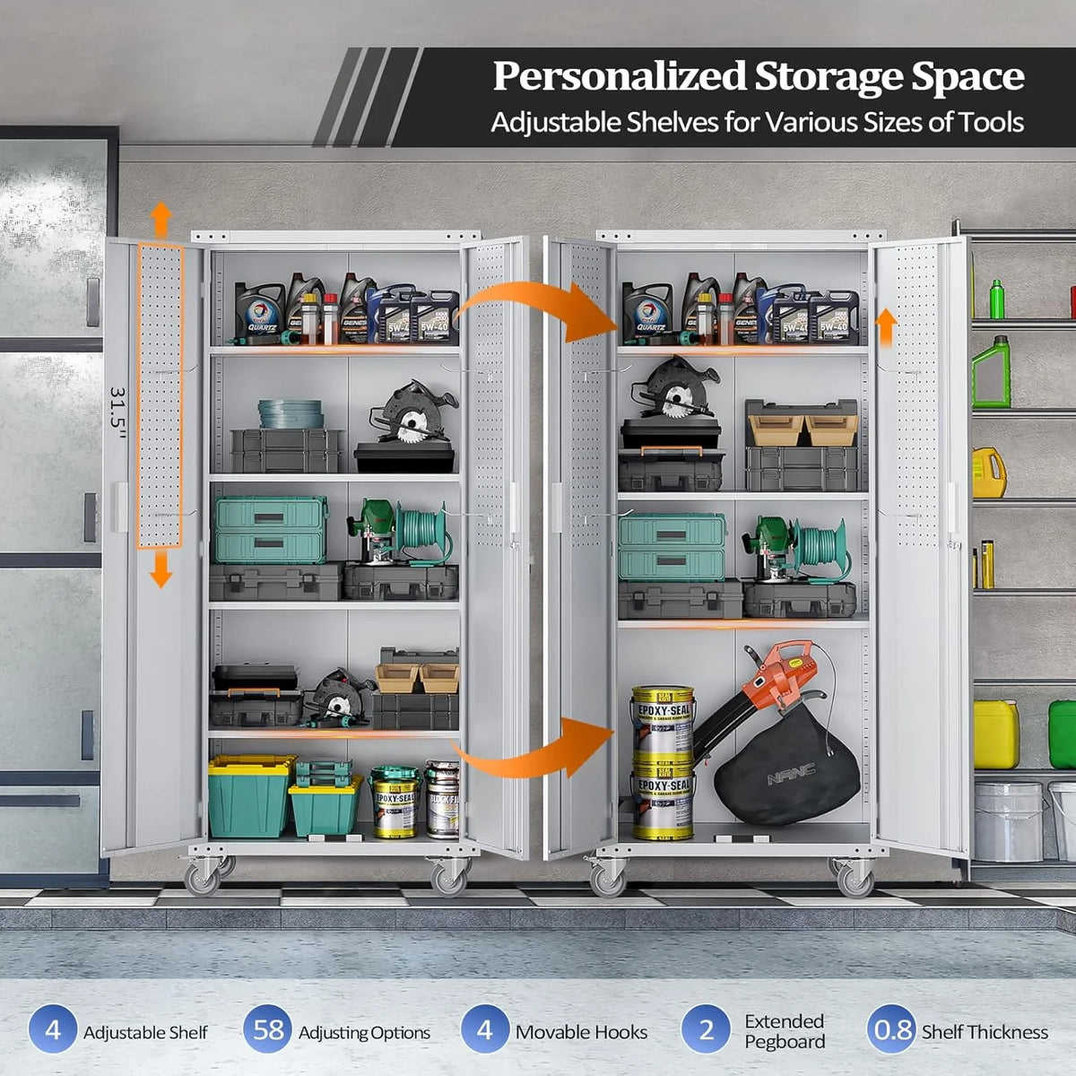Ktaxon 72''H Garage Storage Cabinet with Pegboards, Metal Storage Cabinet with Wheels, Locking Doors and Adjustable Shelves, Black