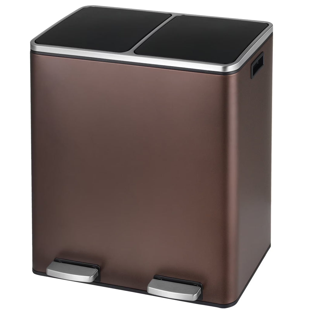LAZY BUDDY Dual Garbage Can, Stainless Steel 16 Gallon Step Kitchen Trash Can with Soft-Close Lid, Double Compartment Garbage Recycling Bin