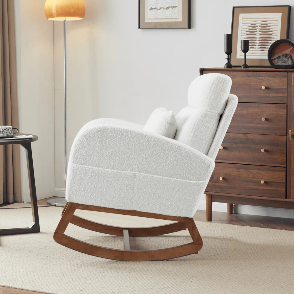 Hassch Upholstered Rocking Chair, Linen Fabric Glider Rocker with High Back, Accent Chair with Solid Wood Base, Reading Chair with Side Pocket for Living Room Bedroom Balcony, Gray
