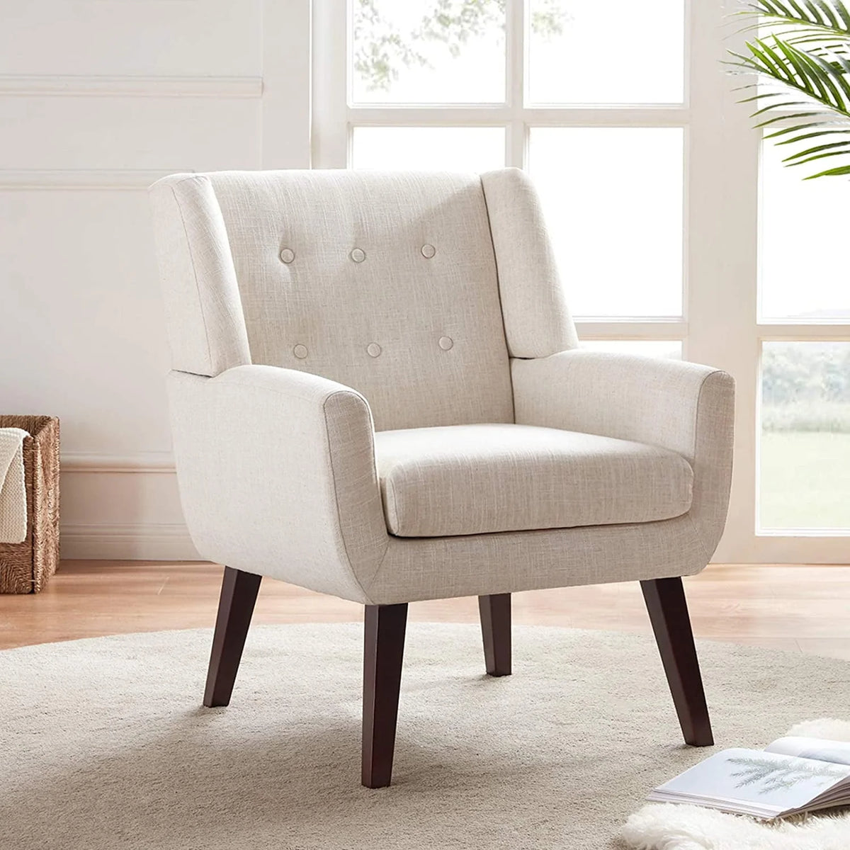 HUIMO  Accent Chair, Button-Tufted Upholstered  Living Room Chairs,  Mid Century Modern Comfy Reading Chairs for Bedroom, Living Room, Beige