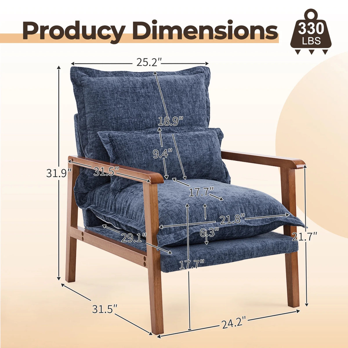 Ktaxon Chenille Accent Chair, Solid Wood Armrests Armchair, Metal Frame for Stability, Single Sofa with Comfortable Cushions and Lumbar Pillow Beige