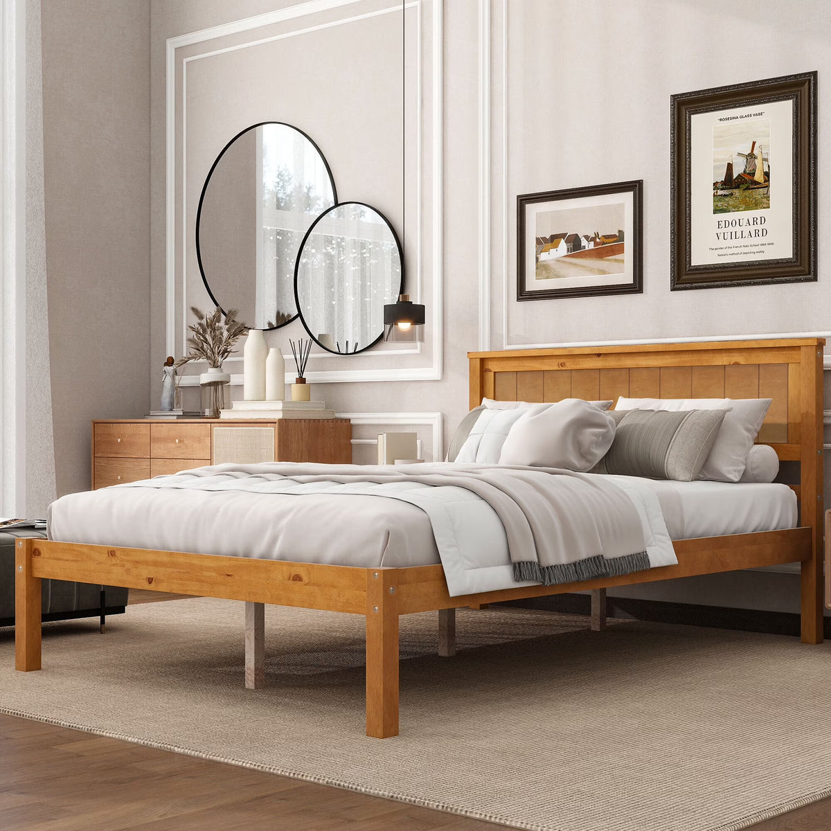 Euroco Twin Platform Bed, Modern Wood Frame Bed with Headboard and Slats for Kids Room, Oak
