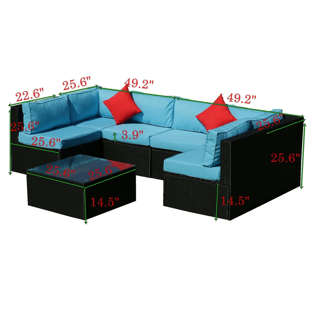 7 Piece Patio Furniture Sets Outdoor Sectional PE Rattan Outdoor Furniture Patio Conversation Set with Cushions and Glass Coffee Table, for Balcony Lawn and Garden, Gray